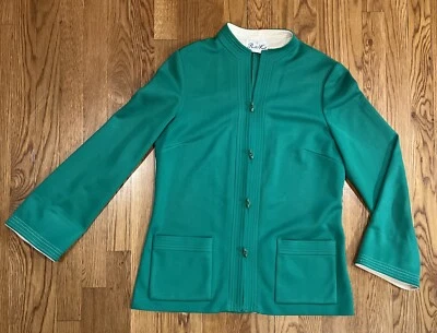 Chaqueta túnica larga de colección años 60 blusa damas M L cuello mandarín tejido a tope verde Foto 1 de 4