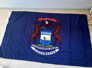 E PLURIBUS ENUM TUEBOR 5' FLAG 2 RIVETS ON THE SIDE michigan state bald eagle mi - Picture 1 of 7