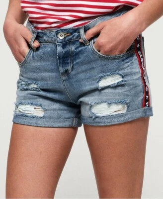 SUPERDRY Steph Boyfriend Shorts Distressed Denim Logo Tape Trim sz 32 NWT $49.50 - Image 1 of 4
