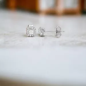 0.30 Ct FG/VS Princess & Round Lab Grown Diamond Halo Earrings In 14K Solid Gold - Picture 1 of 13