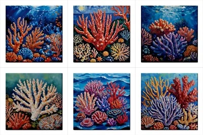 Coral Reef Ceramic Tile Set of 6 Ocean Sea Art Backsplash Tiles 4.25 Inches - Image 1 of 4