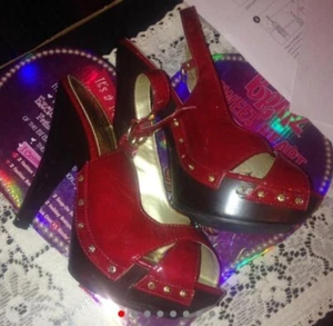 Qupid red leather like strap open toe high heels with faux wood accent - Picture 1 of 7