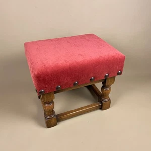 Vintage Footstool Red Velvet Upholstery Wooden Frame Stud Detail Small Ottoman - Picture 1 of 9