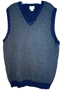 LL Bean Mens XLT Tall Navy Blue Houndstooth Lambs Wool V Neck Sweater Vest - Picture 1 of 6