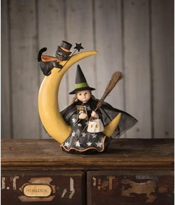 Bethany Lowe Mara on Moon Halloween Girl Witch Black Cat Figure - Picture 1 of 2