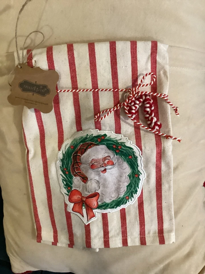 Toalla de cocina Mudpie Navidad Papá Noel aplique rayas rojas algodón nueva con etiquetas Foto 1 de 1