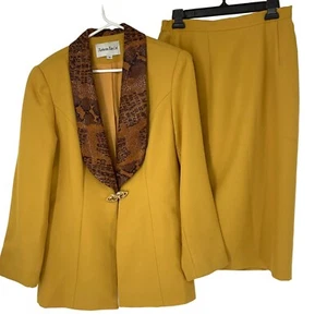 Katherine Kay Ltd. Vintage Skirt Suit Set Yellow Exotic Collar Sz 12 3965 USA - Picture 1 of 11