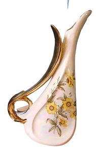 VINTAGE OPAL LUSTERWARE FLOWERS CERAMIC GOLD HANDLE VASE ART POTTERY RETRO 12.5" - Picture 1 of 12