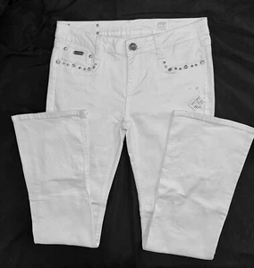 LA Idol USA Mid Rise Bootcut White Denim Stretch Jeans Big Rhinestones Bling 13 - Picture 1 of 10