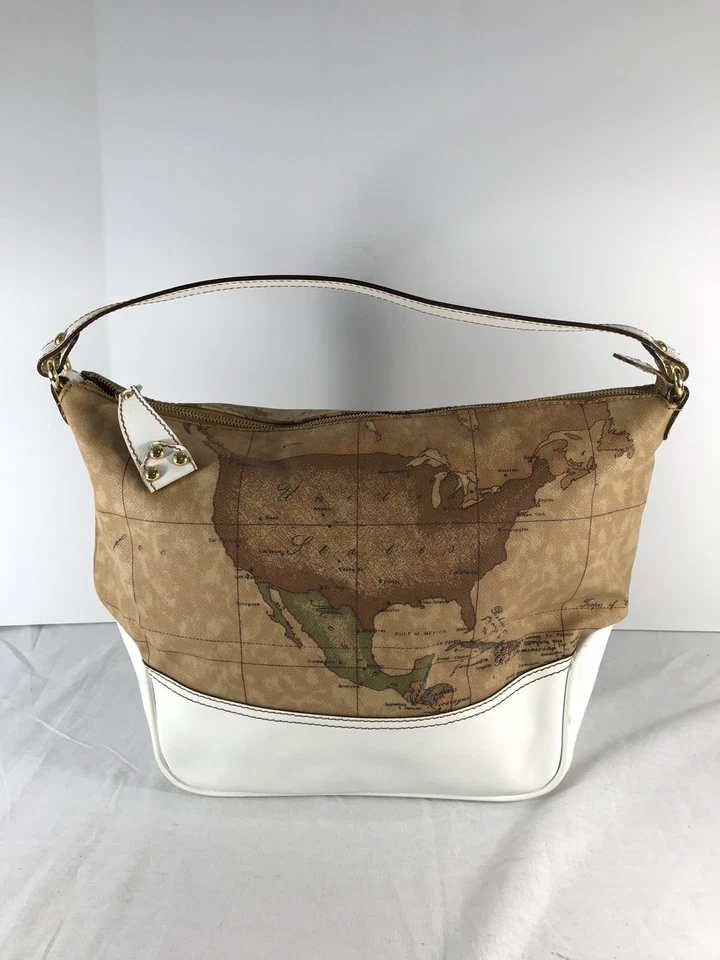 Bolso de Hombro Hobo ALVIERO MARTINI Mapa del Mundo Lona Blanco y Tostado Hecho en Italia Foto 1 de 4