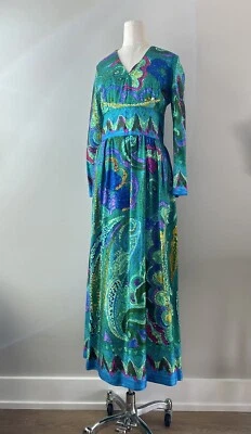 Maxi Vestido de Anfitriona Vintage Años 60 Tela Textil Hawaiana Hecho a Mano Verde Azul Foto 1 de 4