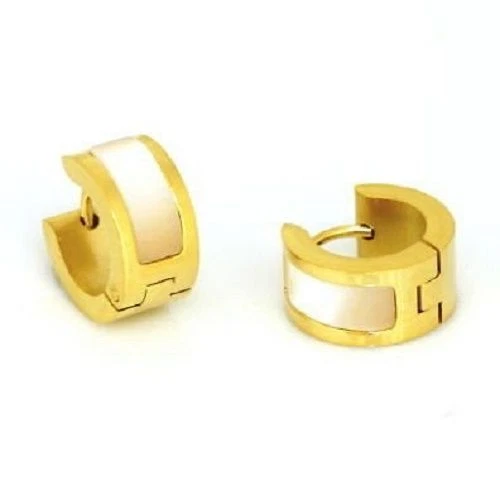 Neue Edelstahl Creolen Klapp Kreolen Paar Ohrringe Perlmutt Gelbgold Damen weiß - Bild 1 von 1