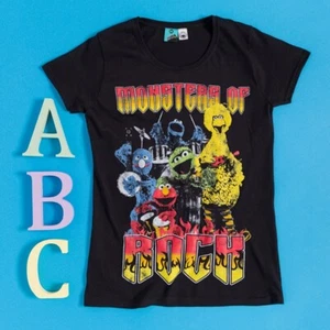Official Women's Sesame Street Monsters Of Rock Fitted Black T-Shirt : S,XS - Picture 1 of 3