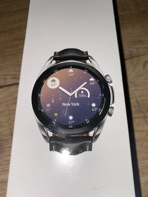 NEW Samsung Galaxy Watch3 41mm Mystic Silver Case w/ Black Leather Strap SM-R850 - Image 1 of 4