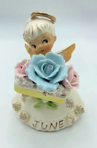 Vntg June ROSE PEARL Birthday Girl Angel Geo. Z. LEFTON #489 Gold Spaghetti Trim - Picture 1 of 13