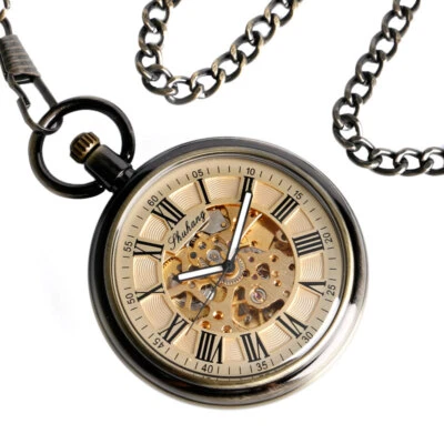 Men's Bronze Mechanical Pocket Watch Open Face Roman Number Dial Christmas Gifts - Image 1 of 4