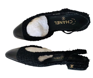 Chanel Shoes UK4 37 Chanel Slingbacks Chanel Flats Tweed Leather Black - Picture 1 of 22