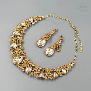 Gorgeous Gold Plated GP Topaz Crystal Necklace Earrings Wedding Jewelry Set 4316 - Picture 1 of 8