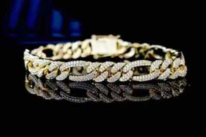 12CT Round Lab Created Diamond Men Cuban Link Bracelet 14K Yellow Gold Plated 8" - Picture 1 of 6
