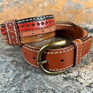 Women’s FOSSIL Wide 4 Layer Brown LEATHER BELT  Boho Studded Stitched Size S