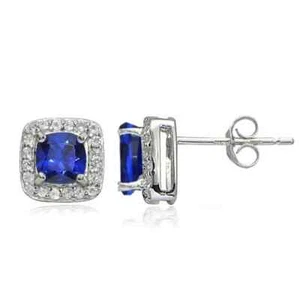 925 Sterling Silver 2Ct Cushion Cut Lab Created Blue Sapphire Halo Stud Earrings - Picture 1 of 7