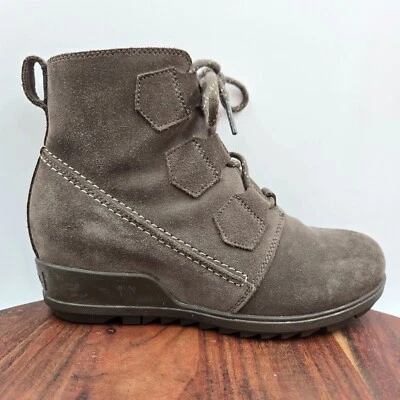 Sorel Evie Boots Women's 8.5 Gray Suede Hidden Wedge Lace Up Lug Ankle Booties - Image 1 of 4