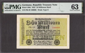 Deutschland 10 Millionen Mark 1923 ausgefallene Serie # 100000 Pick-106a CH UNC PMG 63 - Bild 1 von 2