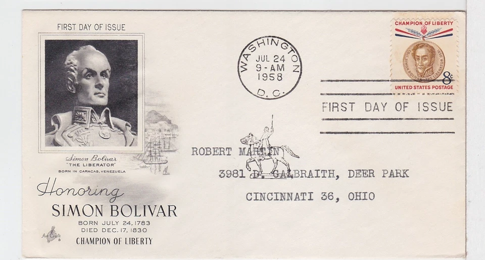 TurtlesTradingPost- Simon Bolivar - 1958 #1111- Artcraft FDC - Image 1 of 1