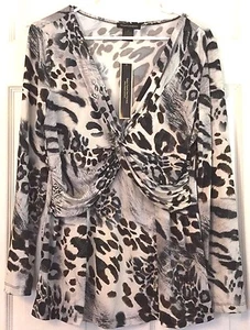 Animal Print Top Silky Long Sleeve Deep V Neck Gathered Front M Susan Lawrence - Picture 1 of 9