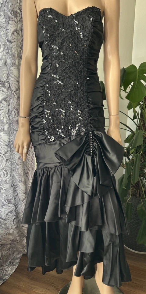 Vtg 80s ZUM ZUM Black Satin Sequin Formal Prom Mermaid Strapless Dress - Image 1 of 4