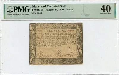 1776 August 14, $2 Maryland Colonial Note FR#MD-98 PMG XF40 POP 1/1 - Image 1 of 2