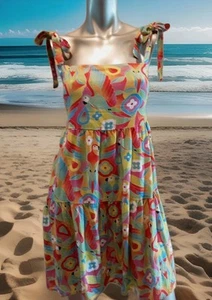 KENNY FLOWERS-Tiered Resort Mini Dress "Parrots Of The Caribbean " Print Smocked - Picture 1 of 13
