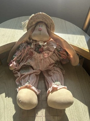 Vtg 90's Handmade Muslin Long Eared Country Bunny Rabbit 16” Gardening Easter - Image 1 of 4