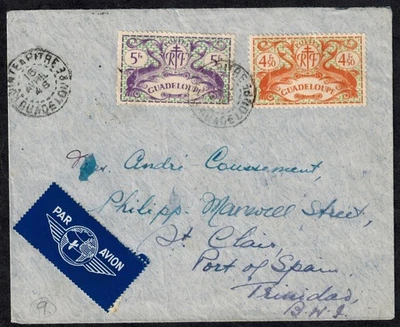Guadeloupe 1946 Airmail Cover to Trinidad w/ 4Fr 50 & 5 FR Stamps w/Green OVPT - Image 1 of 3