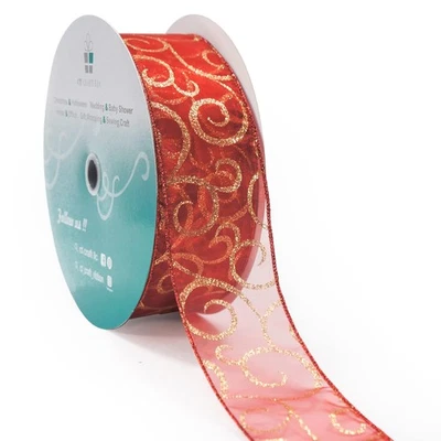 Organza con remolinos de brillo rojo cinta con cable 2,5 pulgadas x 50 yardas para Navidad... Foto 1 de 4