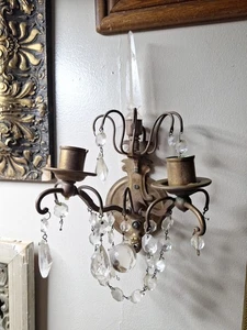 Vintage brass and crystal wall sconce with two Candle Stick Holder  - Picture 1 of 23