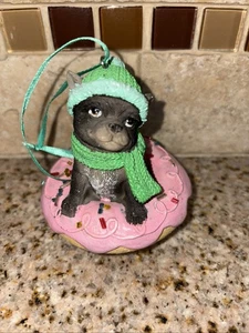 DOG PUPPY Christmas Ornament Figurine 4" DONUT SPRINKLES PINK HAT SCARF # 164 - Picture 1 of 6