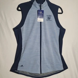 Adidas Damen L US Open Pebble Beach Weste durchgehender Reißverschluss Taschen marineblau Golf neu mit Etikett - Bild 1 von 15
