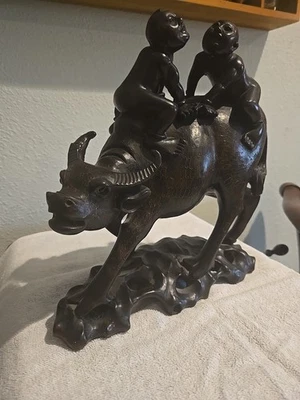 Antique Chinese water buffalo figurine inlaid with silver wire detail 10.5"  - Image 1 of 4