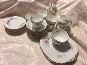 adderley bone china love inthe mist pink flowersgreen gold Rim teacup 36 pcs - Picture 1 of 10
