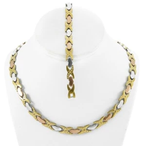 Stainless Steel 3 Tone Hugs and Kisses Stampato Necklace Diamond Cut XO Bracelet - Picture 1 of 2