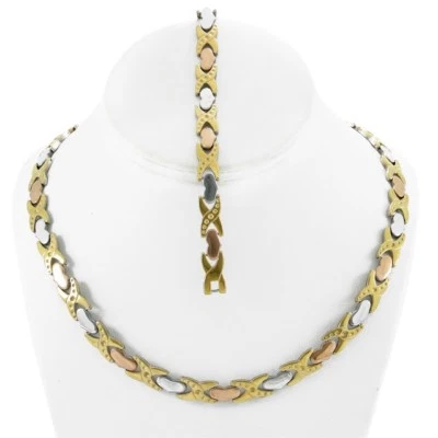 Collar Stampato Abrazos y Besos de Acero Inoxidable 3 Tonos Corte Diamante XO Brazalete Foto 1 de 2