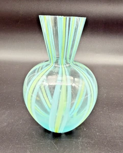 Blown Clear Glass Vase Striped Blue and Green Round Belly 7 X 4" Decor Flower - Picture 1 of 11