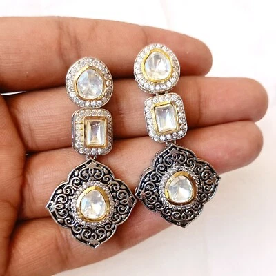 Ethnic Kundan & Polki Stud Earrings, Black Meenakari Jewelry Traditional Indian - Image 1 of 4