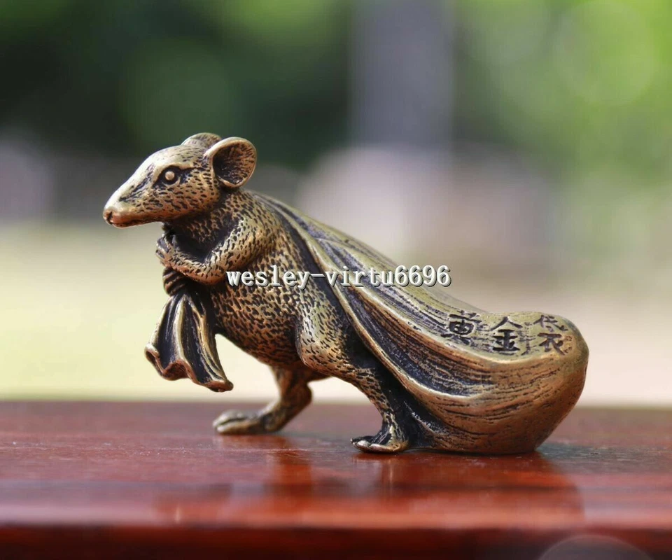 6 cm Pure Bronze Copper Zodiac Animal Rat Mouse Bring Wealth Sack Statue - Image 1 of 4