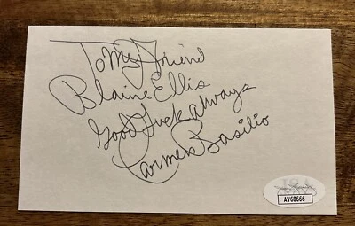 Carmen Basilio 3x5 Index Card Autographed Boxer World Champion HOF — COA JSA - Image 1 of 3