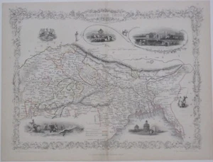 Original 1851 Tallis Illustrated Map NORTHERN INDIA Delhi Calcutta Benares Nepal - Picture 1 of 9