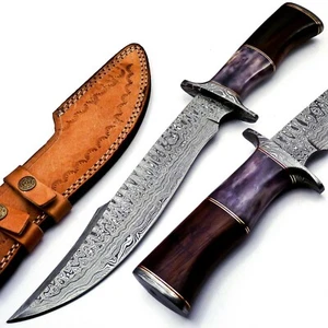 Handmade Damascus Steel 15 Inches Bowie Knife - Solid Marindi Wood/Bone Handle - Picture 1 of 12