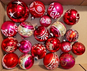 Vintage Red Glass Christmas Balls with Mica Stenciling (20) - Many Shiny Brite - Picture 1 of 4
