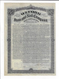 NEW JERSEY 1885 Oxford Iron & Nail Company Bond Stock Certificate - Picture 1 of 4